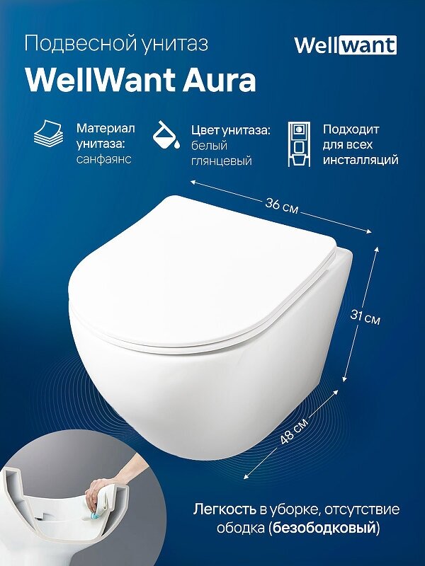 Унитаз WellWant Aura WWU01122W подвесной с сиденьем Микролифт - фотография № 2