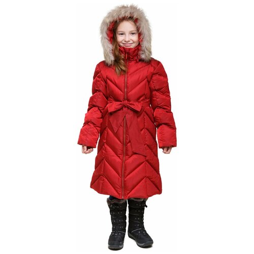 фото Пуховик времена года зимний, карманы, капюшон, отделка мехом, размер 146, красный