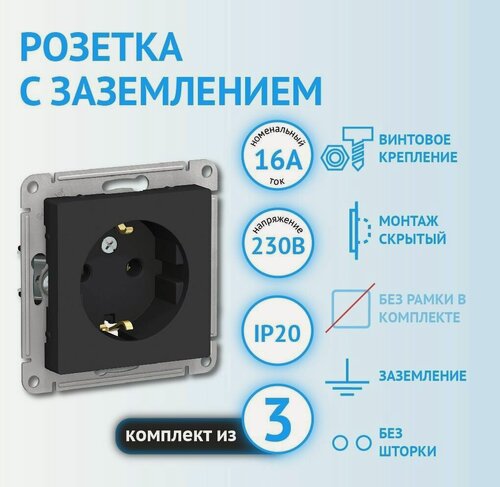 Изображение товара Механизм розетки Systeme Electric AtlasDesign с заземлением карбон (комплект из 3 шт)