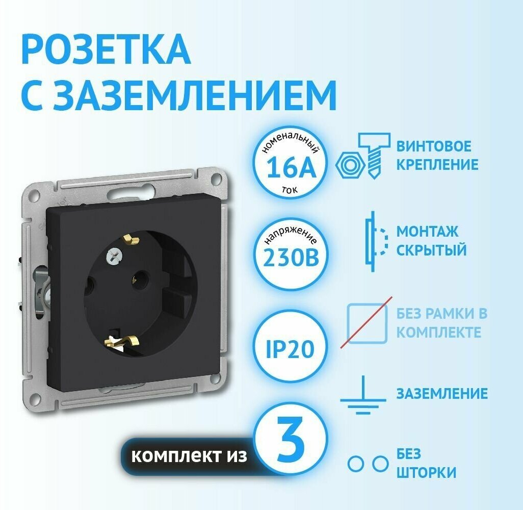 Механизм розетки Schneider Electric AtlasDesign с заземлением карбон (комплект из 3 шт)