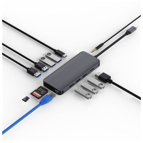 Хаб WiWU Alpha 12 in 1 USB3.0x3+USB2.0x3+HDMI+RJ45+SD+TF+3.5mm Audio+PD Type C charging Gray переходник hoco hb32 season type c 8 in 1 type c to hdtv pd usb3 0 usb2 0 2 sd tf rj45 серый