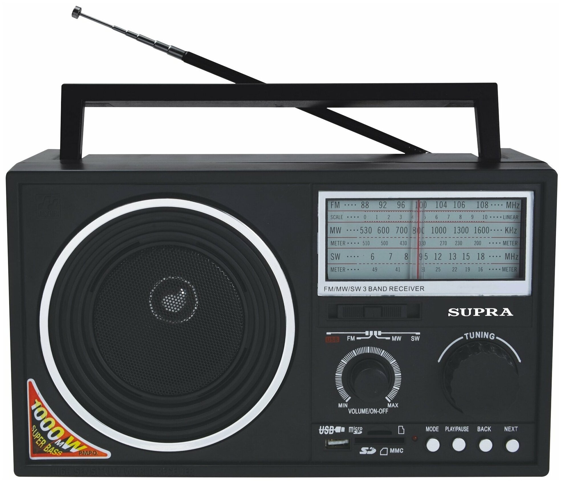Радиоприемник SUPRA с телескопической антенной, 3-диапазонный аналоговый тюнер AM/FM/SW, работа от сети и батареек, USB, SD, 8 Вт