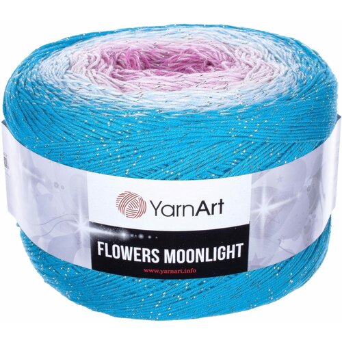 фото Пряжа yarnart flowers moonlight бирюза-белый-розовый-цикламен (3294), 53%хлопок/43%акрил/4%металлик, 1000м, 260г, 1шт