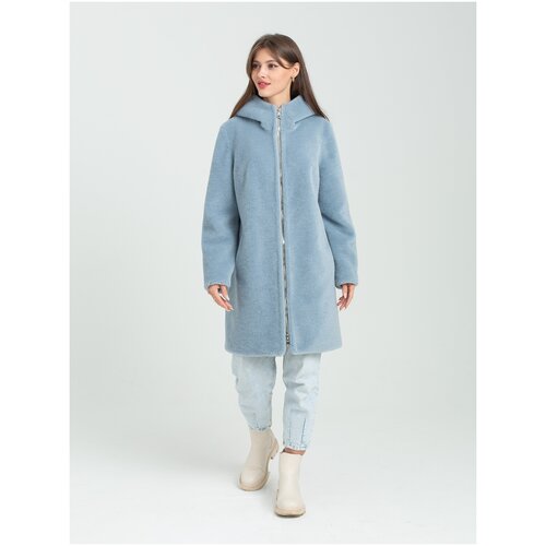 Куртка , овчина, укороченная, оверсайз, карманы, капюшон, размер 56, голубой