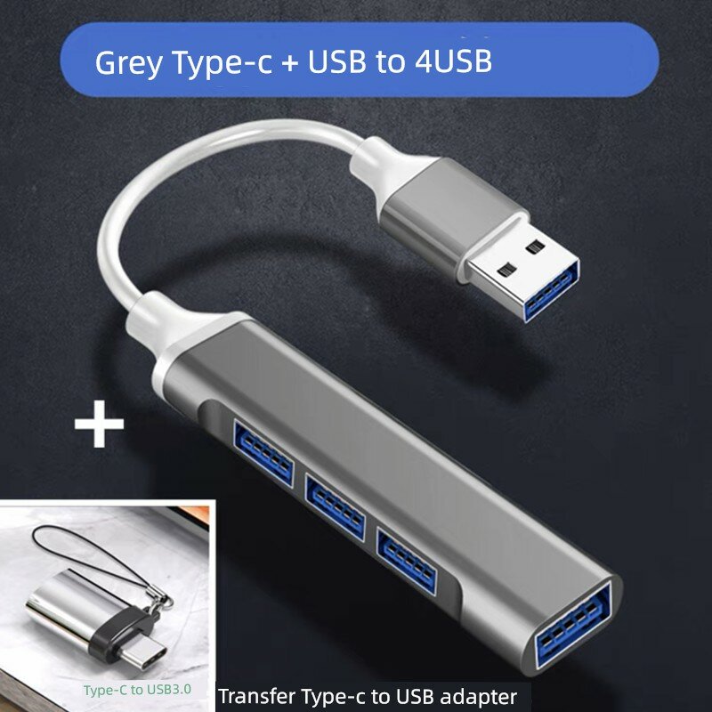 0,1 м Type-C в USB разветвитель для передачи файлов, подключения мобильных жестких дисков и USB-накопителей с серым
