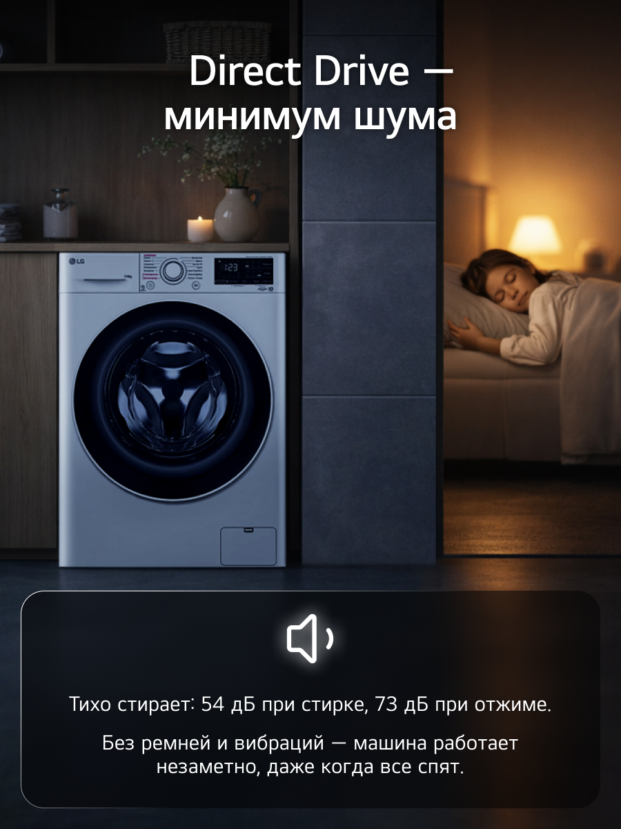 Узкая стиральная машина LG F12M7HDS3 с паром, 7кг, 13 программ, инверторный мотор, прямой привод, самодиагностика, белый — фото 1
