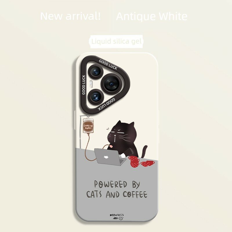 Жидкий силиконовый чехол для Pura 70 Pro+ с дизайном кота в античном белом цвете, узор работающего кота