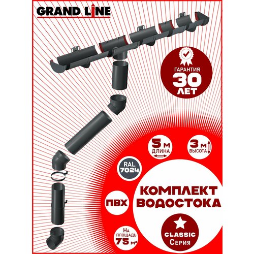 фото Комплект водосточной системы grand line на 5 м карниза по 1 метру (120мм/90мм) графит ral 7024, набор элементов водостока для крыши пластик гранд лайн ( серый ) пвх