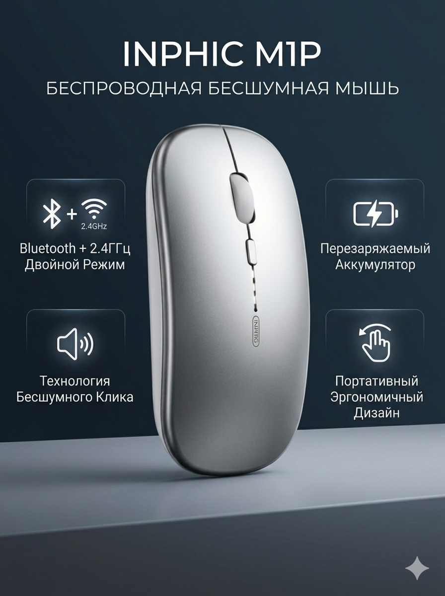 Беспроводная мышь Inphic M1P, с индикатором заряда, для правой и левой руки, 1600 dpi, бесшумные клавиши