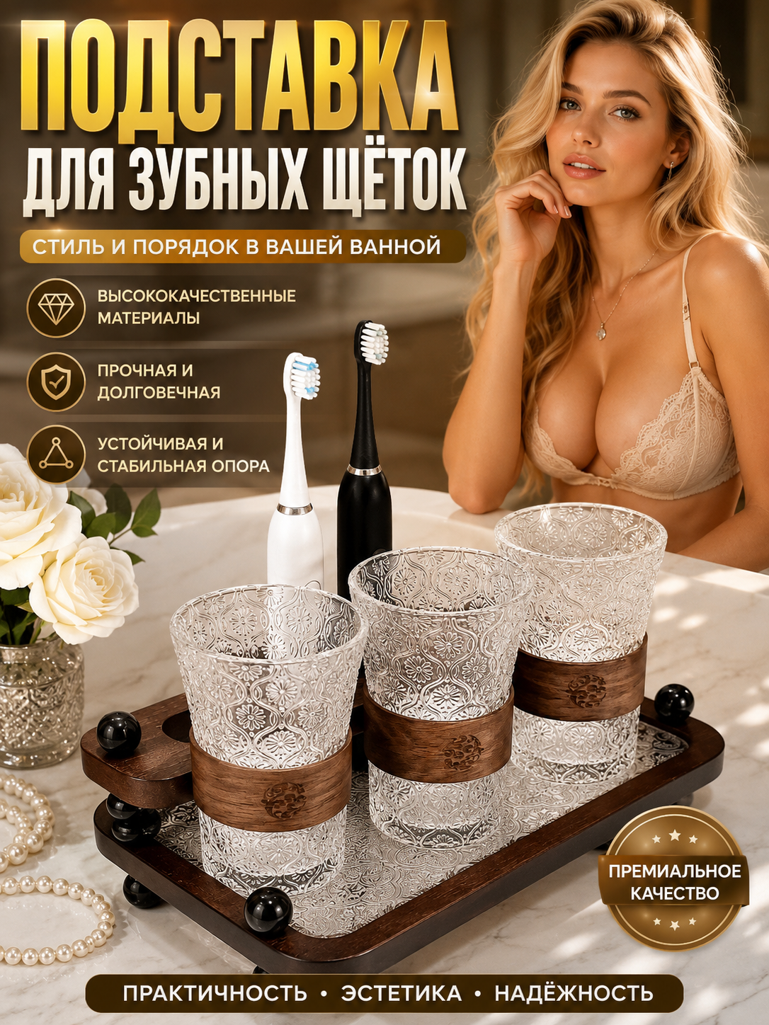 Органайзер для умывальных средств с ячейками под электрические щетки и рифлёные стаканы, аккуратное хранение на столе