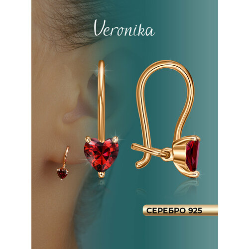 фото Серьги veronika, серебро, 925 проба, золочение, фианит, , красный/желтый