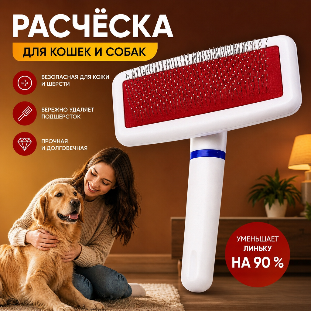 Профессиональная щетка для груминга кошек и собак, прочный, нескользящий, массажный эффект