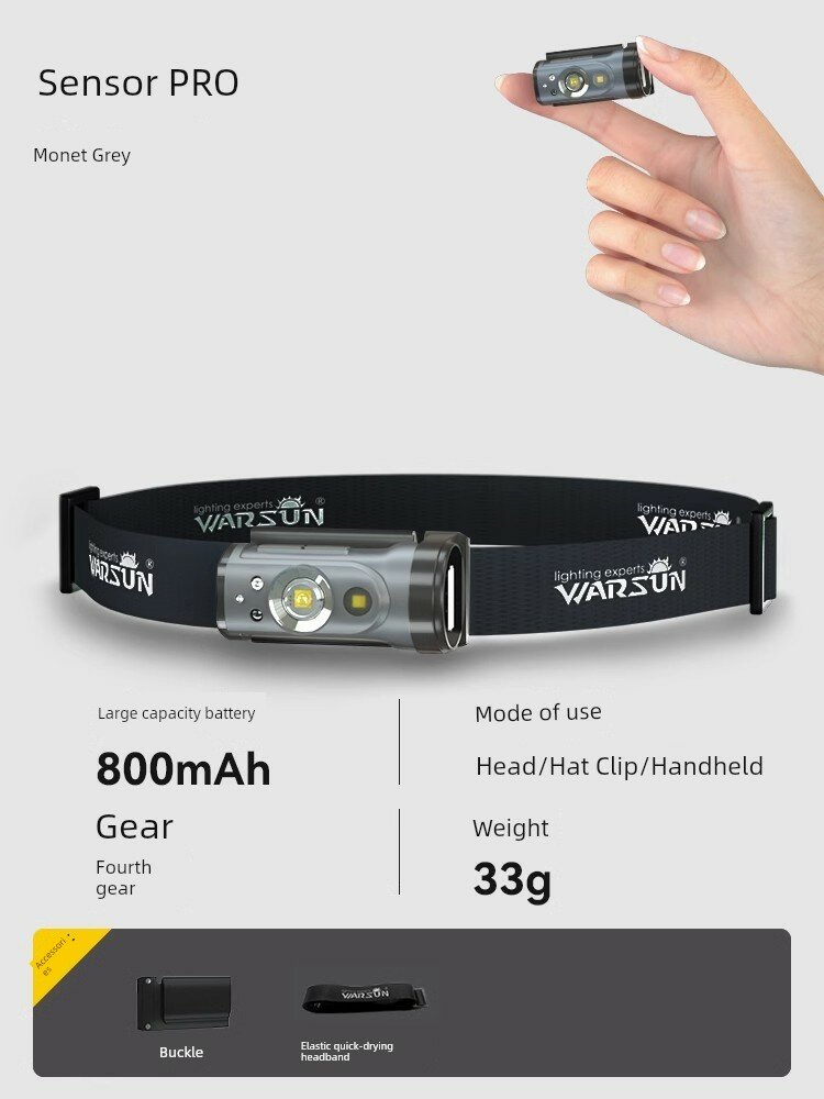 Фонарь-налобник Worsun Candy Xpro Sensor Серый Монет 4 режима 8-10ч батареи 33г