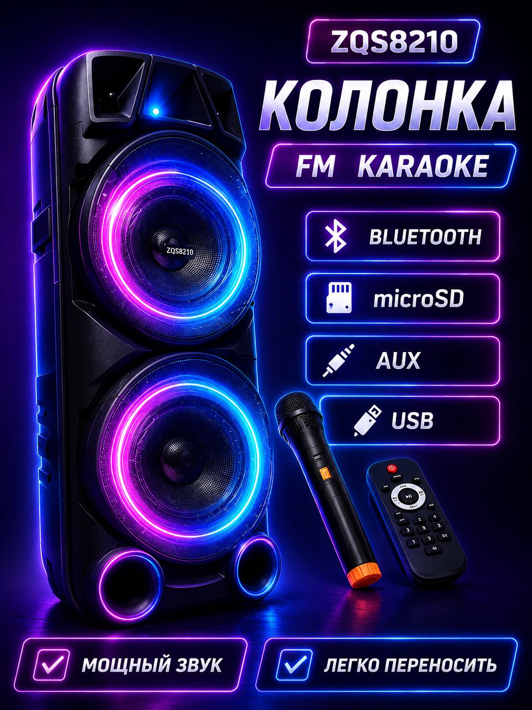 Колонка 8210 Bluetooth, 40Вт с подсветкой и 2 динамиками, FM-радио, USB, AUX, 4500 мАч, Черный