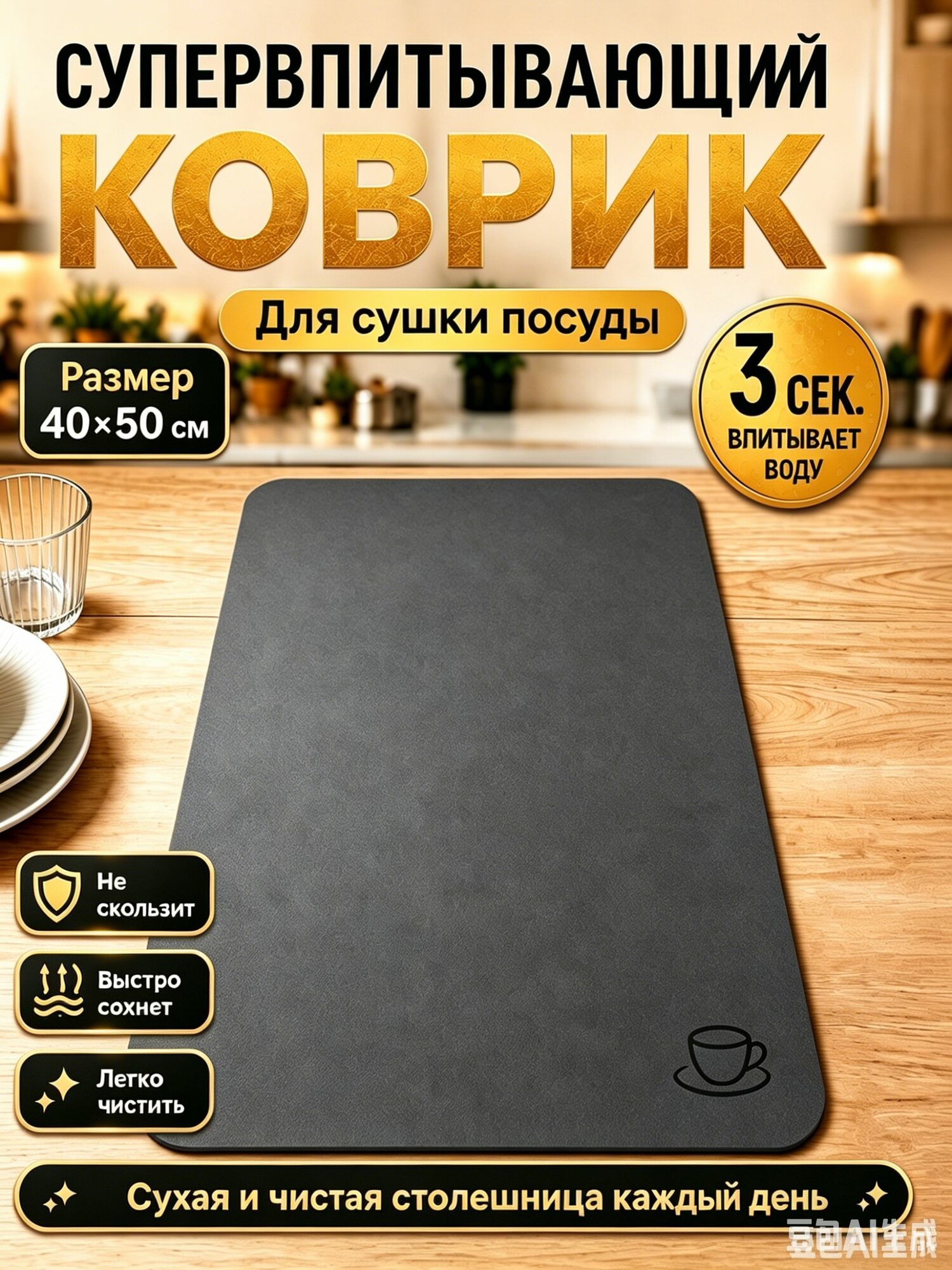 Сушилка для посуды 40 см x 50 см 1 шт диатомовый ил черный матовый