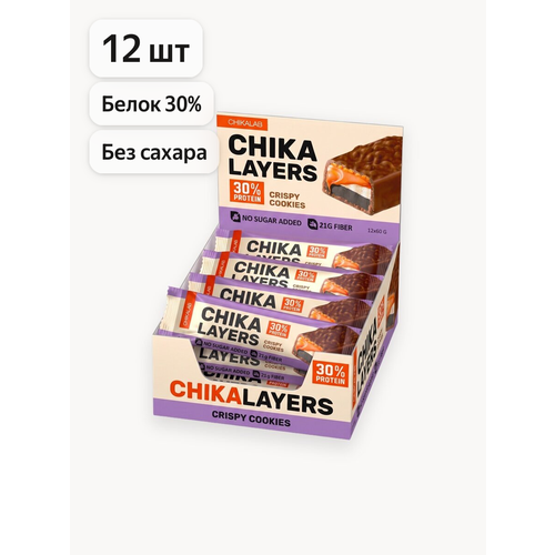 фото Протеиновые батончики chika layers в шоколаде без сахара "хрустящее печенье с двойным шоколадом", 12шт х 60г chikalab