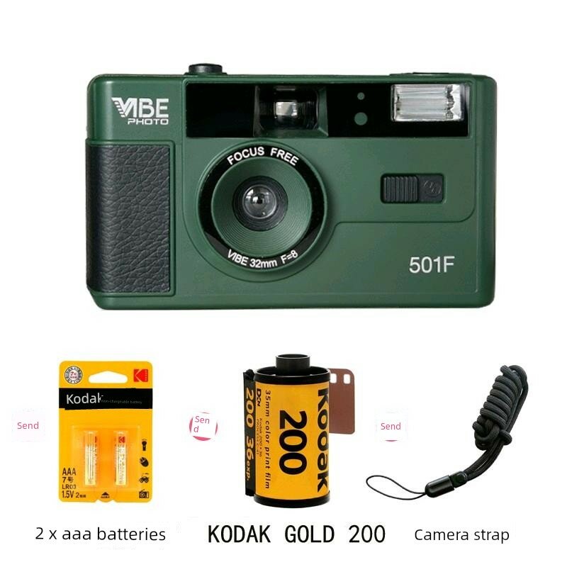 Винтажная немецкая пленочная камера VIBE 501F с 2 батареями, 1 рулоном пленки Kodak Gold 200, цвет темно-зеленый