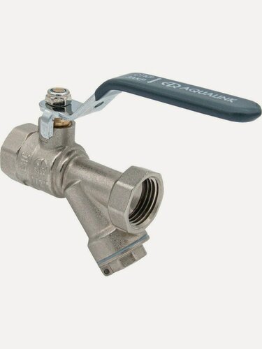 Изображение товара Кран для воды с фильтром AquaLink 1 дюйм, латунный, г-г, DN 25, с ручкой, никель, артикул 02065, надежная запорная арматура.