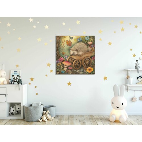 Интерьерная картина на натуральном холсте - Ёжик на тележке, 70 х 70 см.
