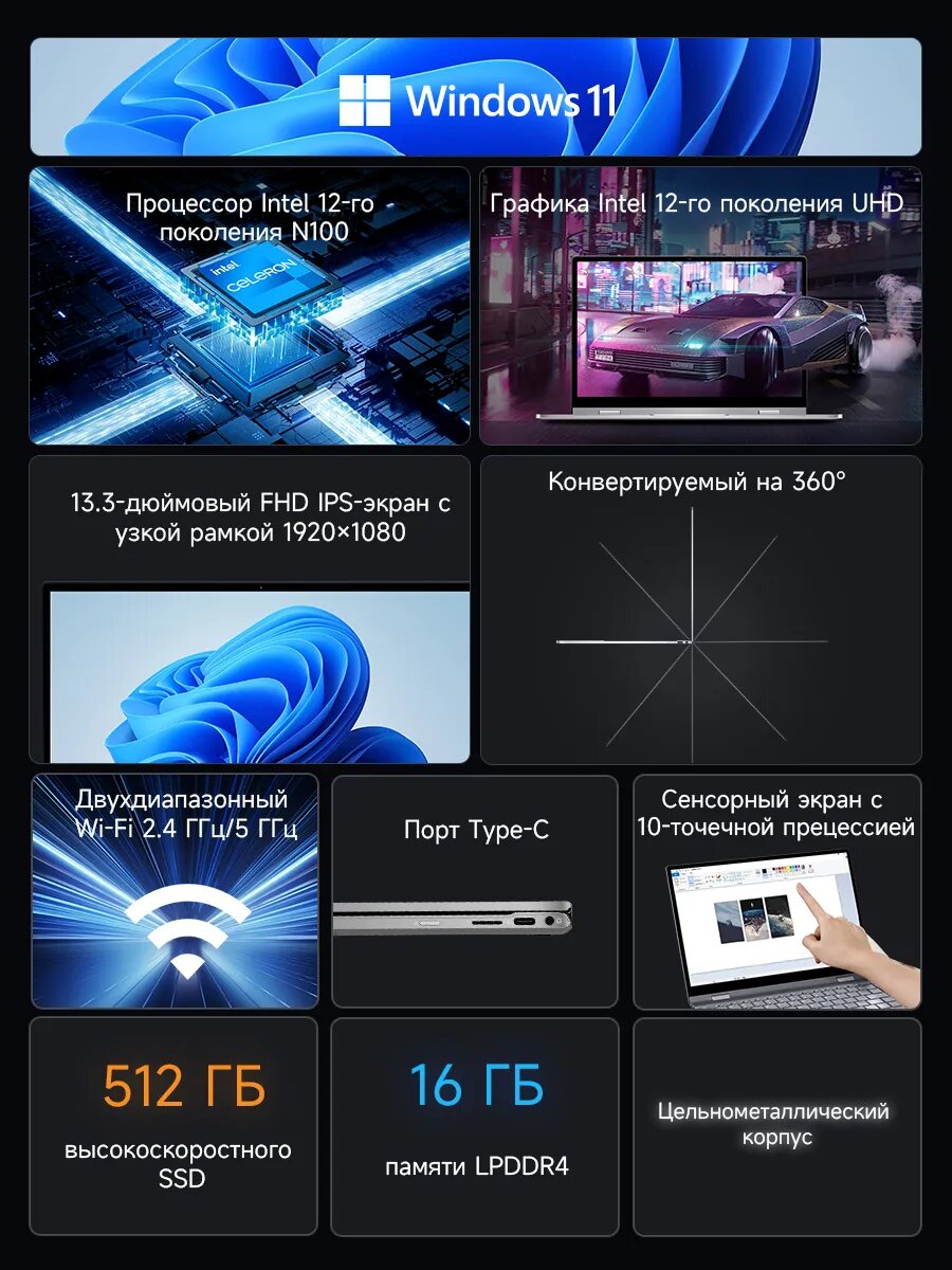 Ноутбук BMAX Y13Pro RAM DDR5，Intel N100， 16 ГБ SSD 512 ГБ Кабриолет на 360° — фото 1