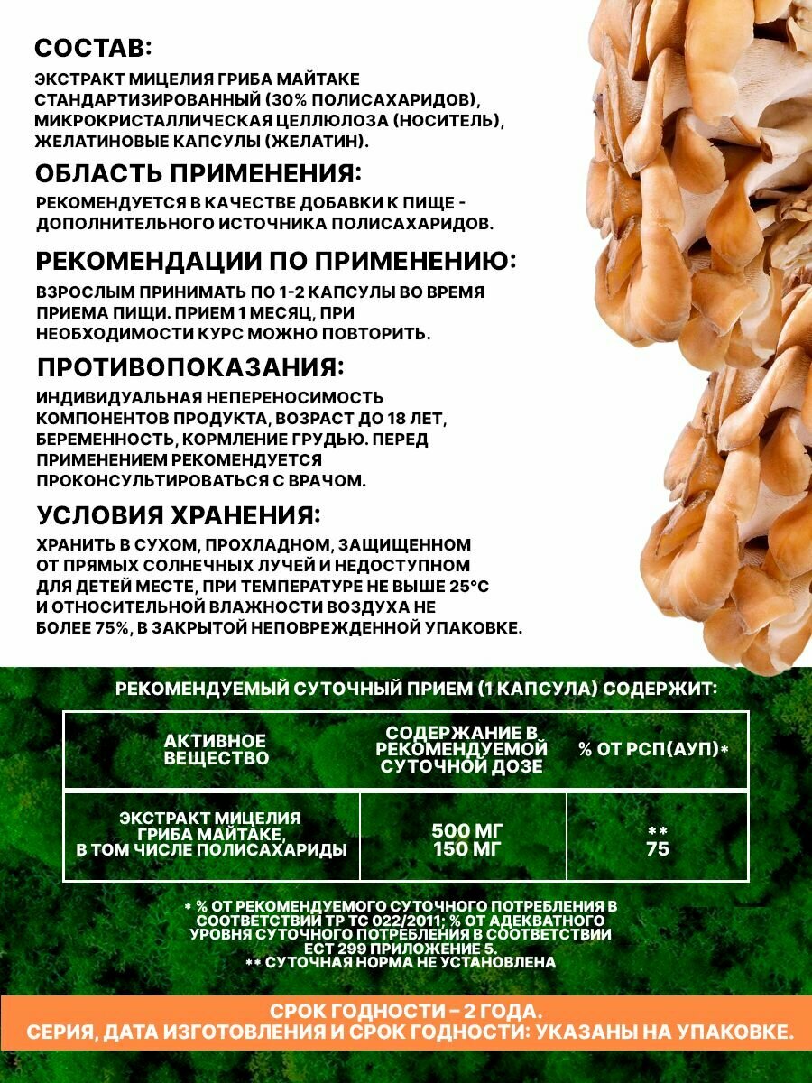 Изображение Майтаке, экстракт мицелия, 60 капсул, 500 мг