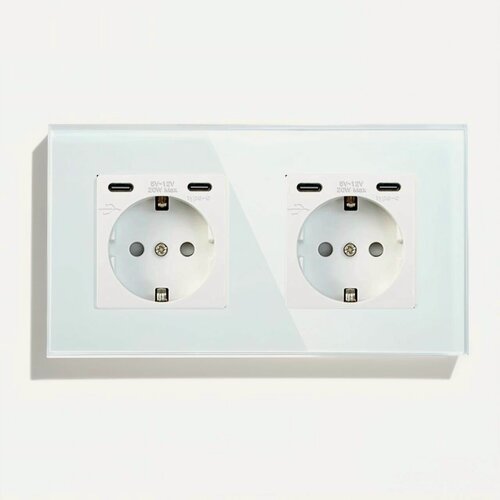 Изображение товара Розетка электрическая 2 поста с Type-C, Type-C, быстрая зарядка 20W, цвет белый