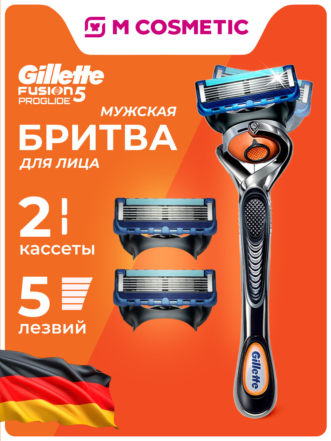 Бритва GILLETTE Fusion ProGlide, 2 сменные кассеты,5 уровней лезвий, с триммером