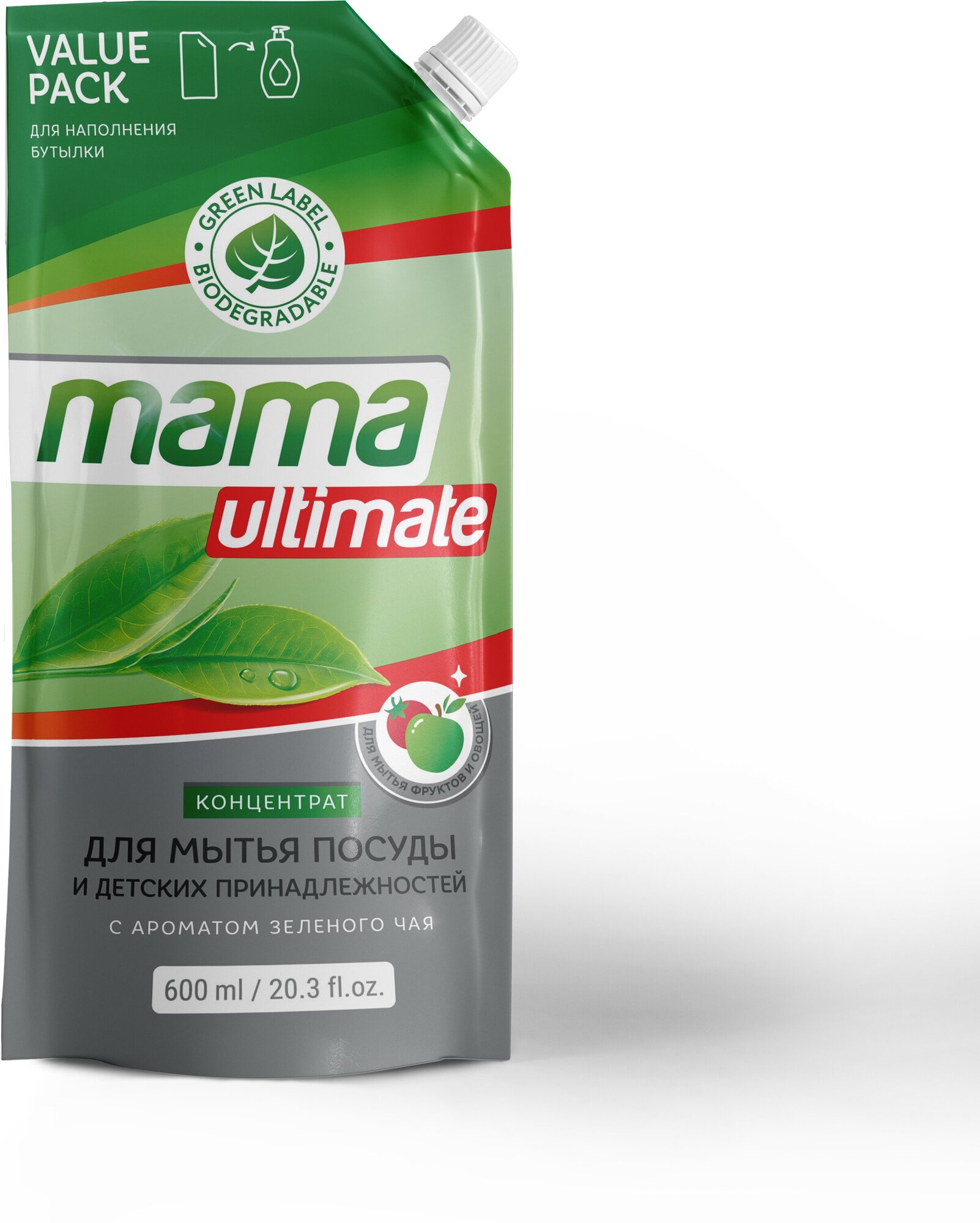 Средство-концентрат для мытья посуды, фруктов, овощей и детских принадлежностей Mama Ultimate, зеленый чай, 600 мл