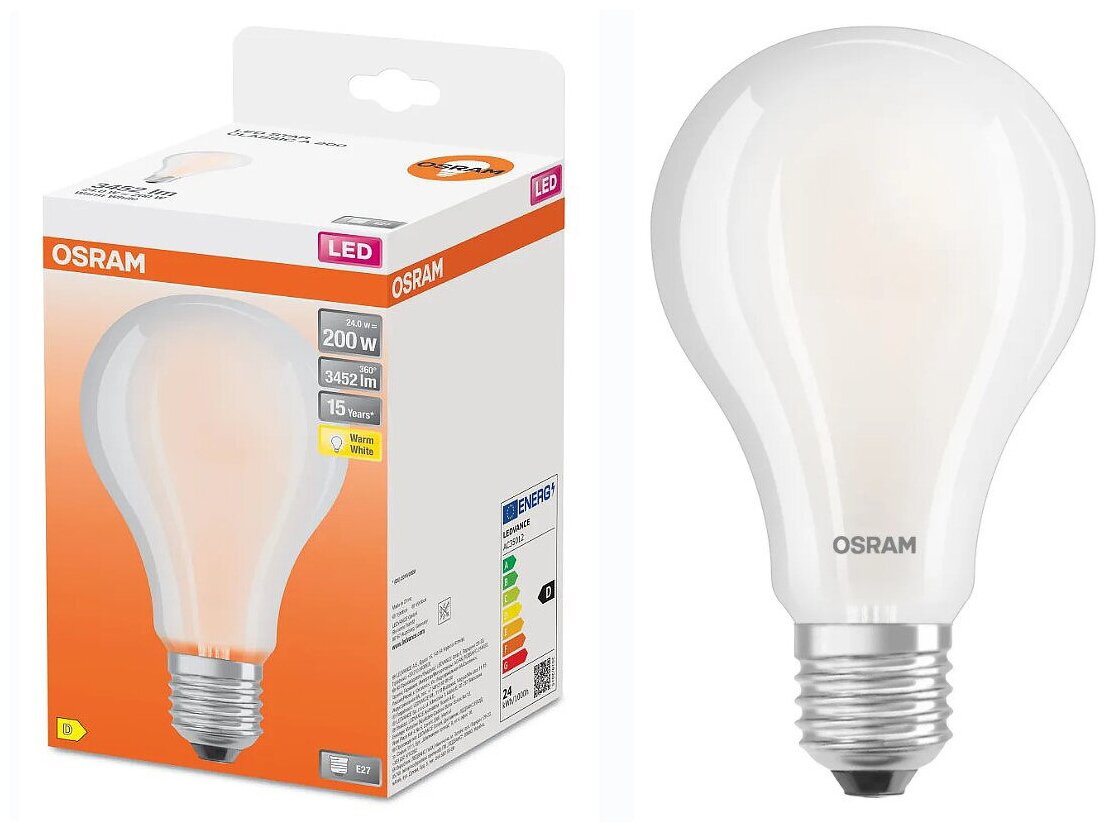 Лампочка светодиодная OSRAM Груша A E27 24Вт 220В 3452Лм Филаментная 2700К теплый белый, упаковка 1шт