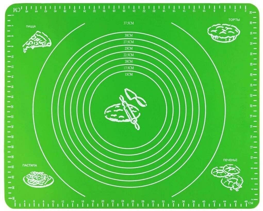 Коврик силиконовый для выпечки и раскатки теста 70x50 см с разметкой / Зеленый
