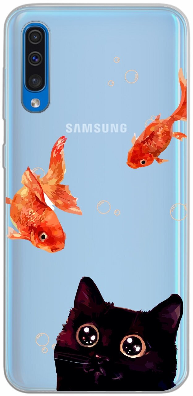 Силиконовый чехол Mcover для Samsung Galaxy A50 с рисунком Кот и рыбки