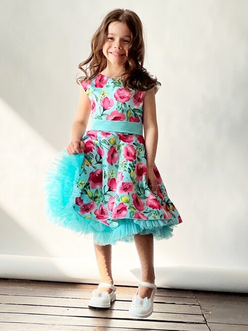 Платье Бушон, размер 134-140, бирюзовый, розовый
