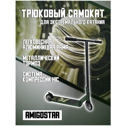 Самокат Amigostar двухколесный трюковой 120/120, алюминиевая дека 51/12, стальной тормоз, алюминиевые диски, колеса полиуретан, зеленый