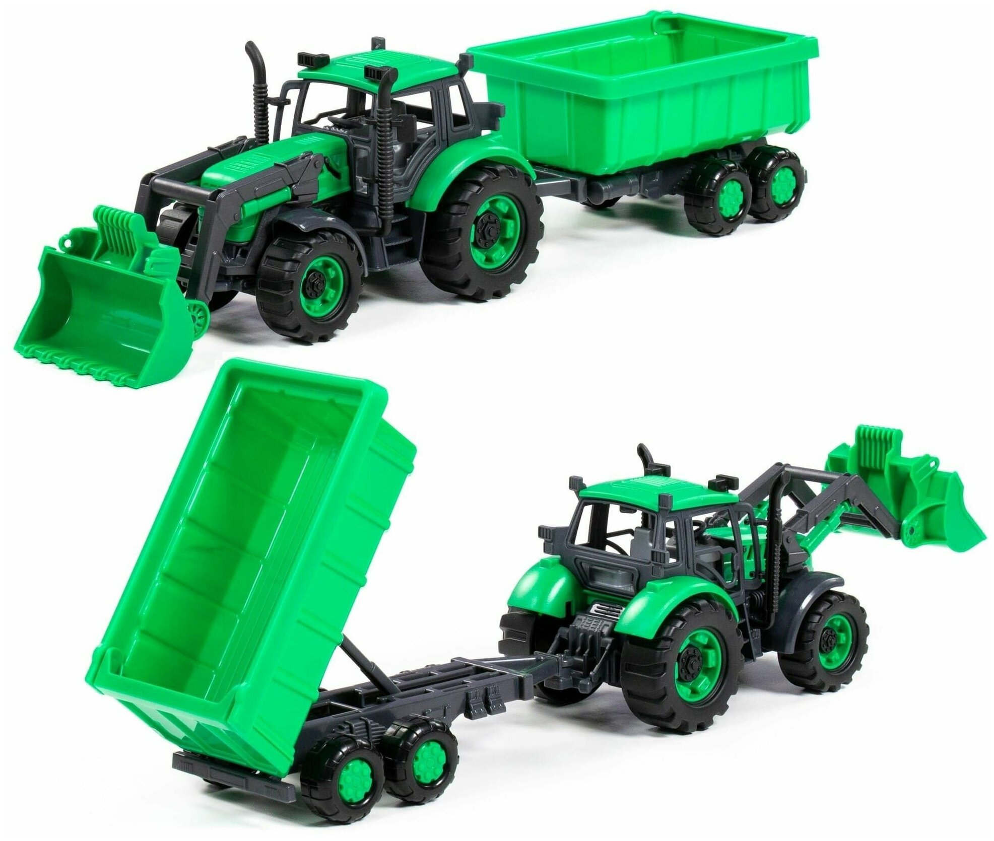 Инерционный детский трактор игрушка Прогресс с кузовом-прицепом и ковшом-погрузчиком (зелёный) - 42,8