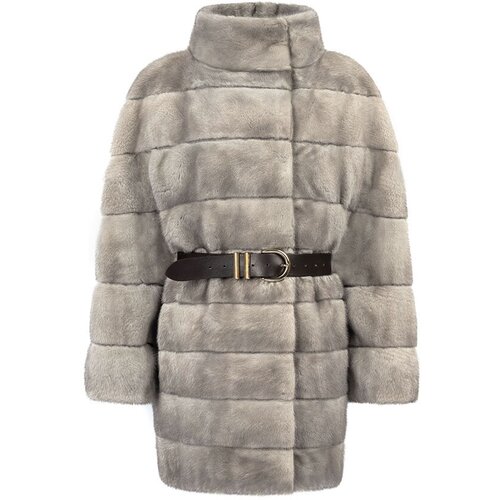 фото Шуба florence, норка, силуэт прилегающий, пояс/ремень, размер 50, серый