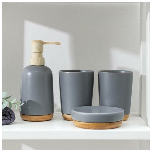 SUI Набор аксессуаров для ванной комнаты «Эко», 4 предмета (мыльница, дозатор для мыла, 2 стакана), цвет серый