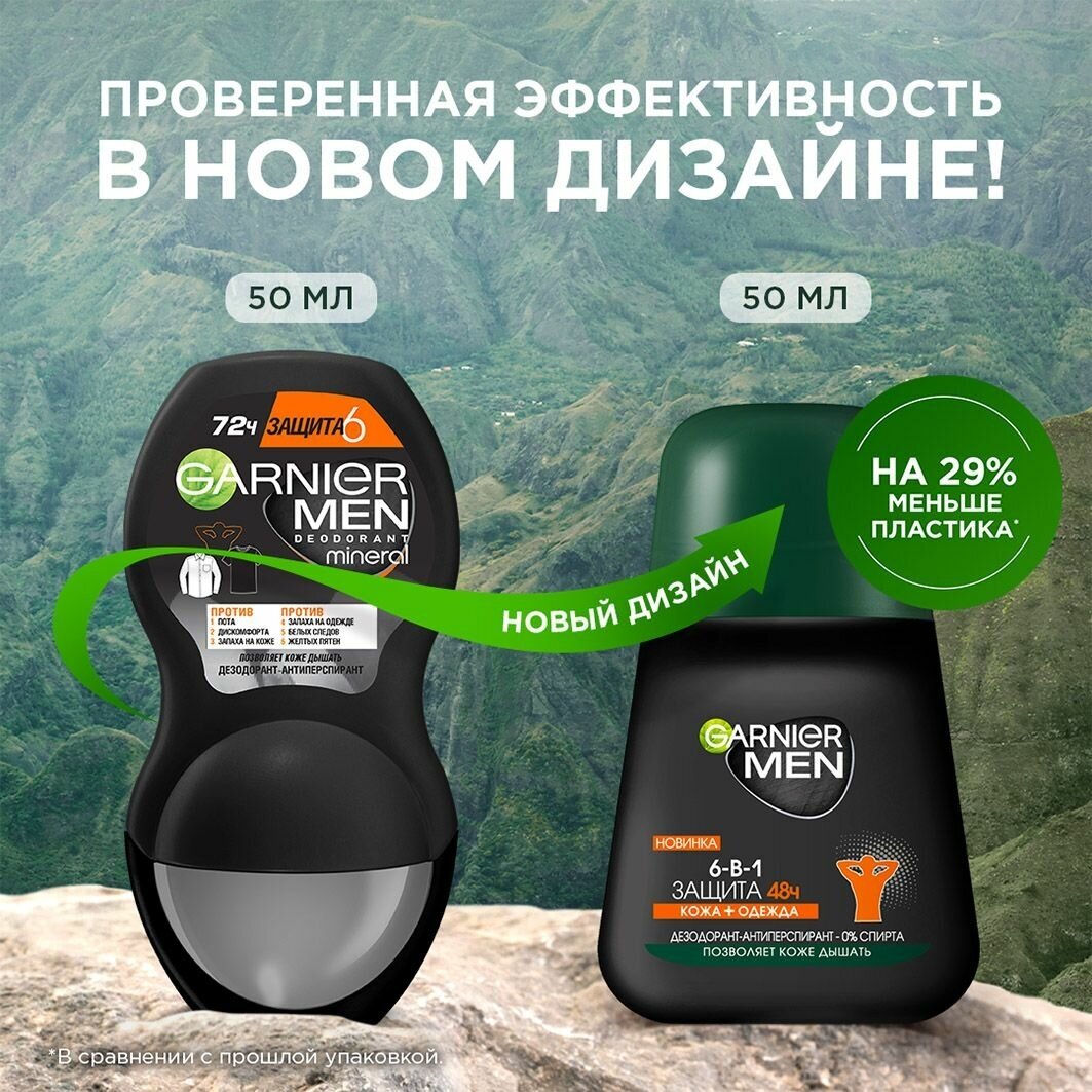 GARNIER Дезодорант-антиперспирант ролик Men Mineral Защита 6 Очищающая Моринга, 50 мл, 80 г