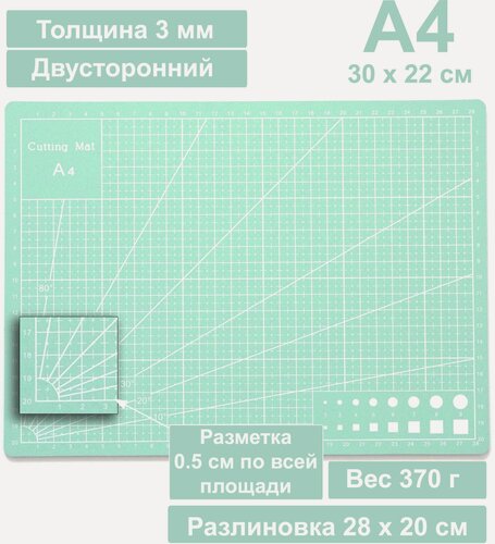 Изображение товара Коврик для резки двусторонний А4 300 х 220 мм мятный / Мат для резки непрорезаемый для раскройного ножа / Самовосстанавливающийся