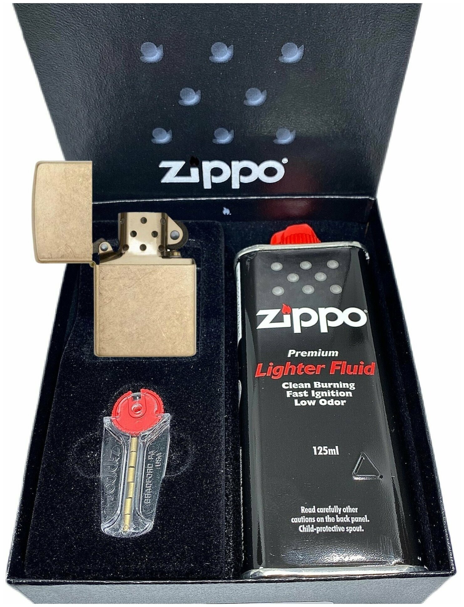 Подарочный набор ZIPPO ( Зажигалка ZIPPO 28496 Armor, золотистая, с покрытием Tumbled Brass + кремни + топливо, 125 мл ) - фотография № 7