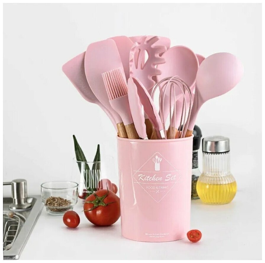 Набор кухонных принадлежностей из бука и силикона, 12 предметов -Идеальный подарок, розовый