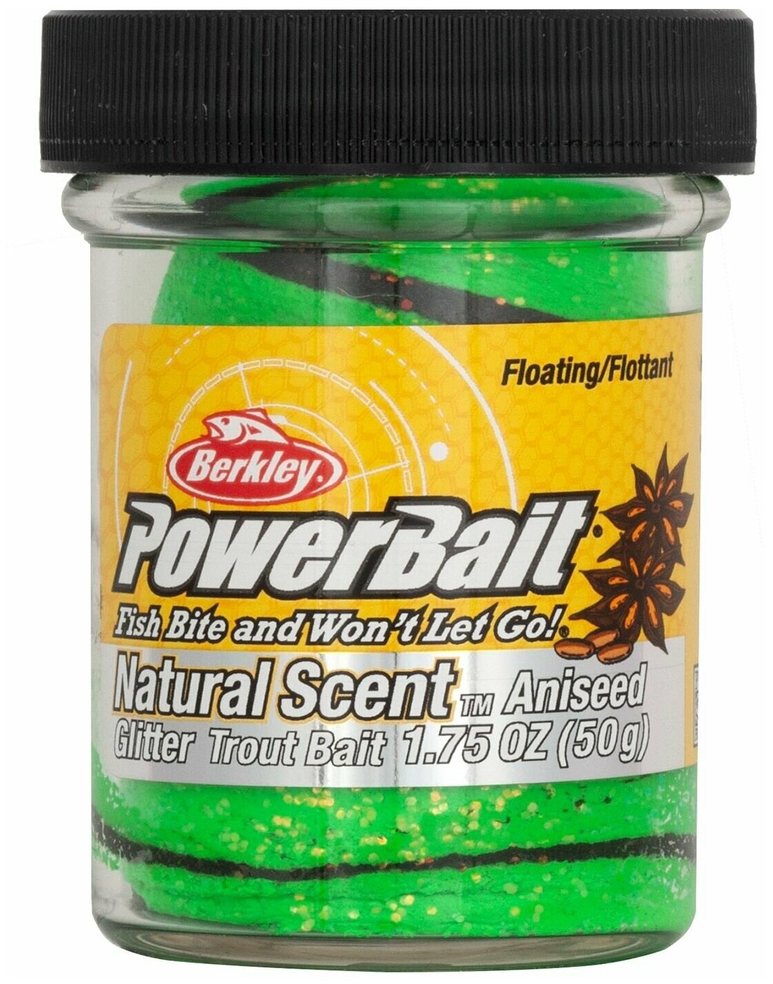 Паста форелевая Berkley PowerBait Natural Glitter TroutBait 50гр Anise Spring Green/Black (анис)