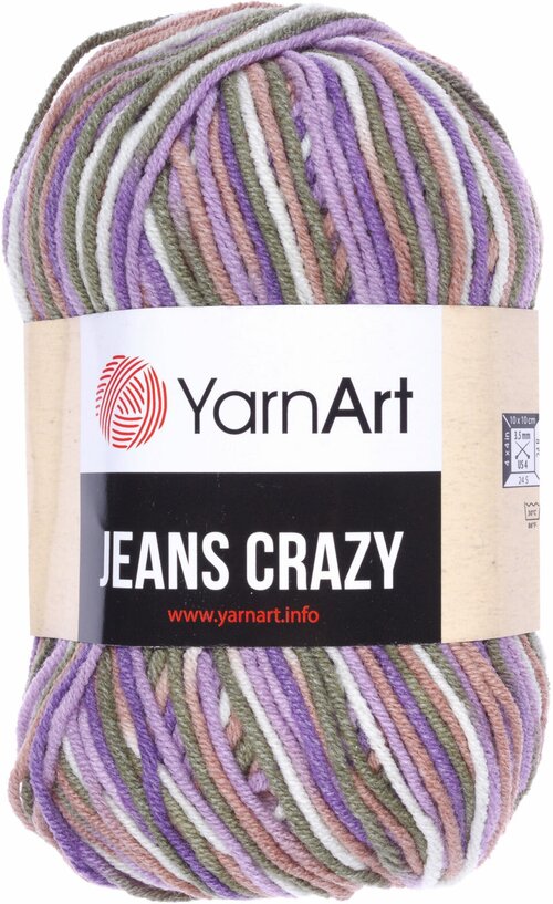 Пряжа YarnArt Jeans CRAZY белый-сиреневый-беж-зеленый меланж (7207), 55%хлопок/45%акрил, 160м, 50г, 1шт