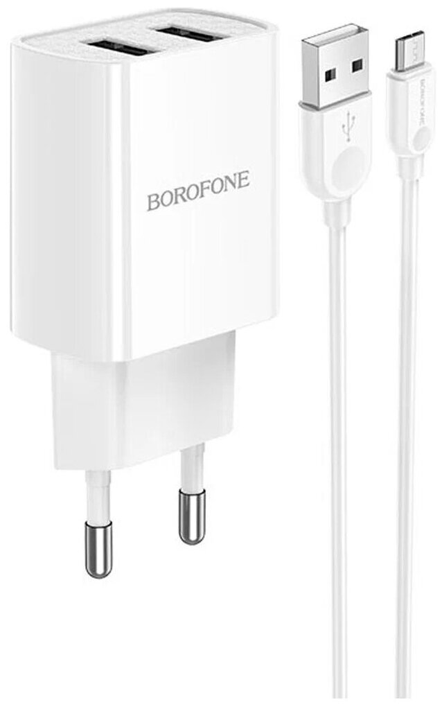 Блок питания сетевой 2 USB Borofone, BA53A, Powerway, 2100mA, пластик, кабель микро USB, цвет: белый
