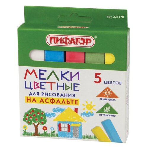 фото Мел цветной пифагор, набор 5 шт., для рисования на асфальте, квадратный, 221170