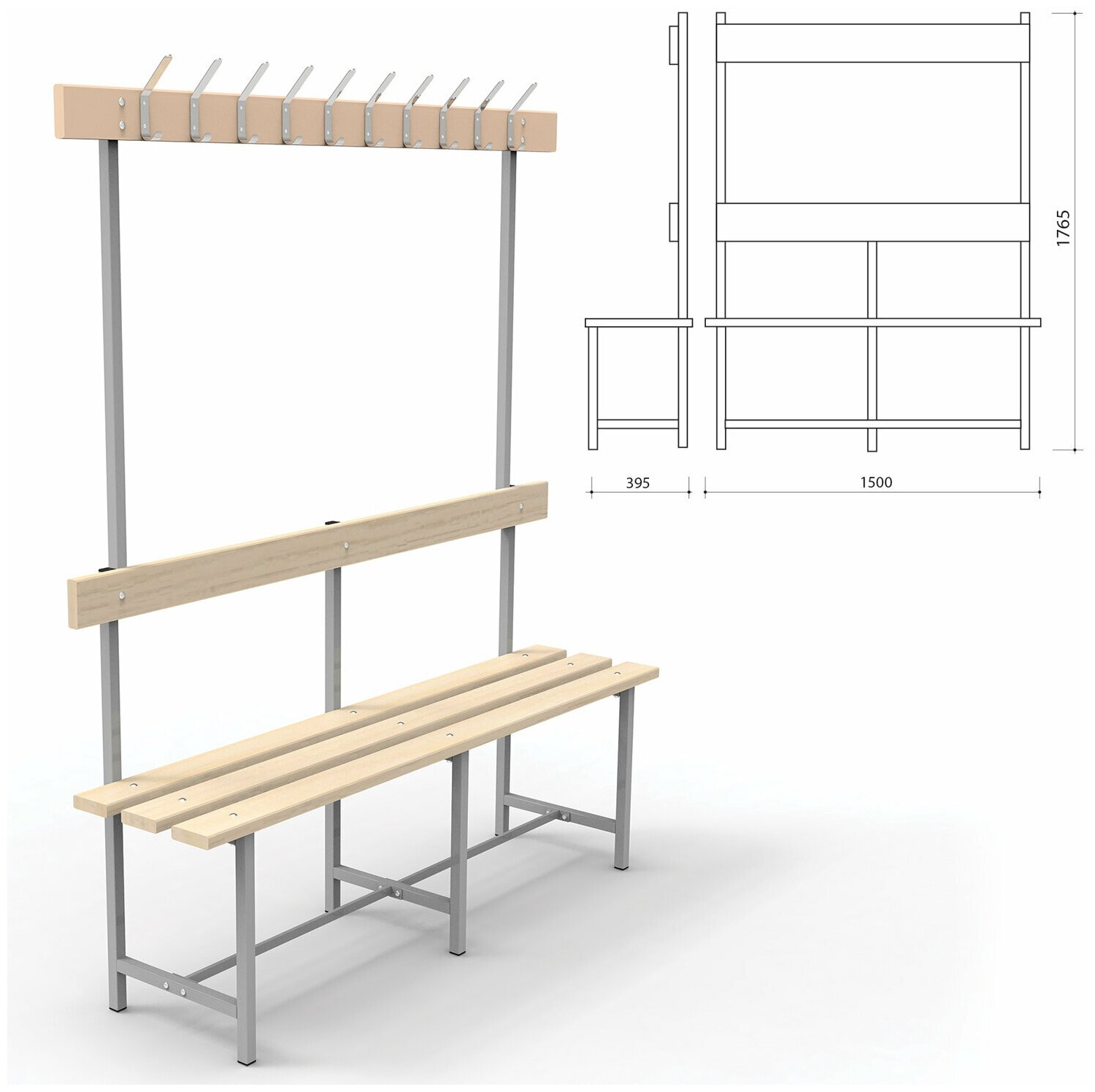 фото Скамья с вешалкой, спинкой "СВТ 5", 1765х1500х395 мм, 10 крючков, каркас металлический серый, сиденье дерево, 1 шт.