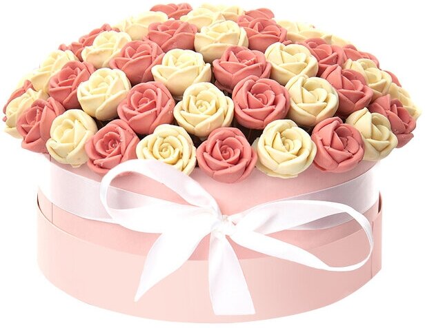 Подарок к пасхе шоколадные съедобные сладкие розы 73 шт. CHOCO STORY в Розовой Шляпной коробке SH73-R-BR