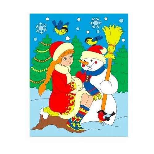 фото Холст с красками по номерам рыжий кот "снежная девушка и снеговик", 20х25 см, кисть, краски