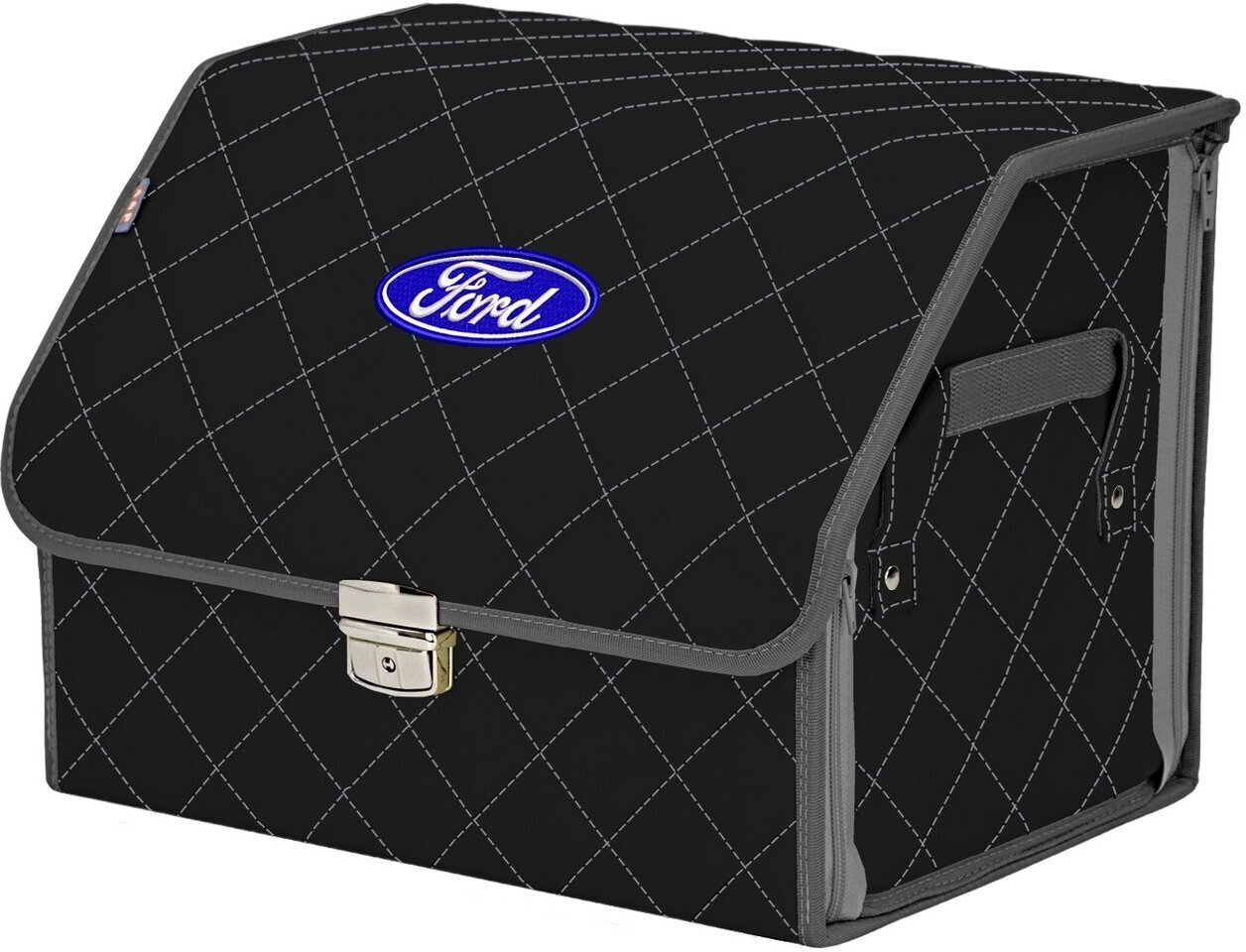 Органайзер-саквояж в багажник "Союз Премиум" (размер M). Цвет: черный с серой прострочкой Ромб и вышивкой Ford (Форд).