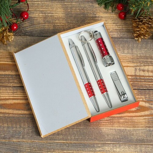 Набор подарочный 4в1 (2 ручки, кусачки, фонарик красный) микс, "Hidde", цвет серебристый, материал металл