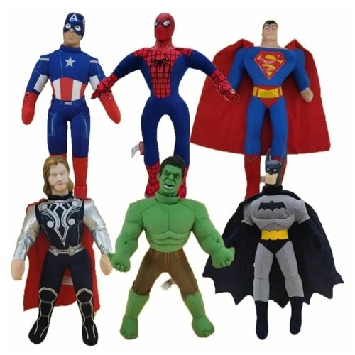 фото Набор мягких игрушек мстители 6шт 43см, супергерои/ халк, бетмен, человек паук, супер мен, железный человек, капитан америка нет бренда